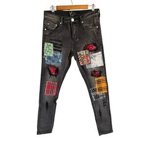 THRT Denim Patchwork Skinny Jeans Size 32 Black Distressed Bandana Plaid Y2k